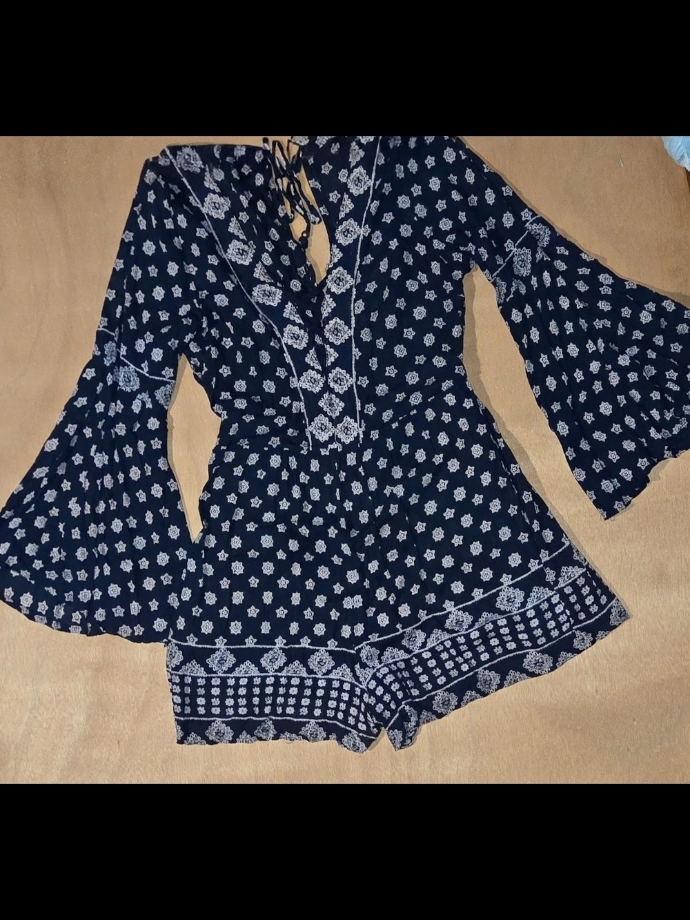 Angie Navy and White Floral Tie-Front Bell Sleeve Romper